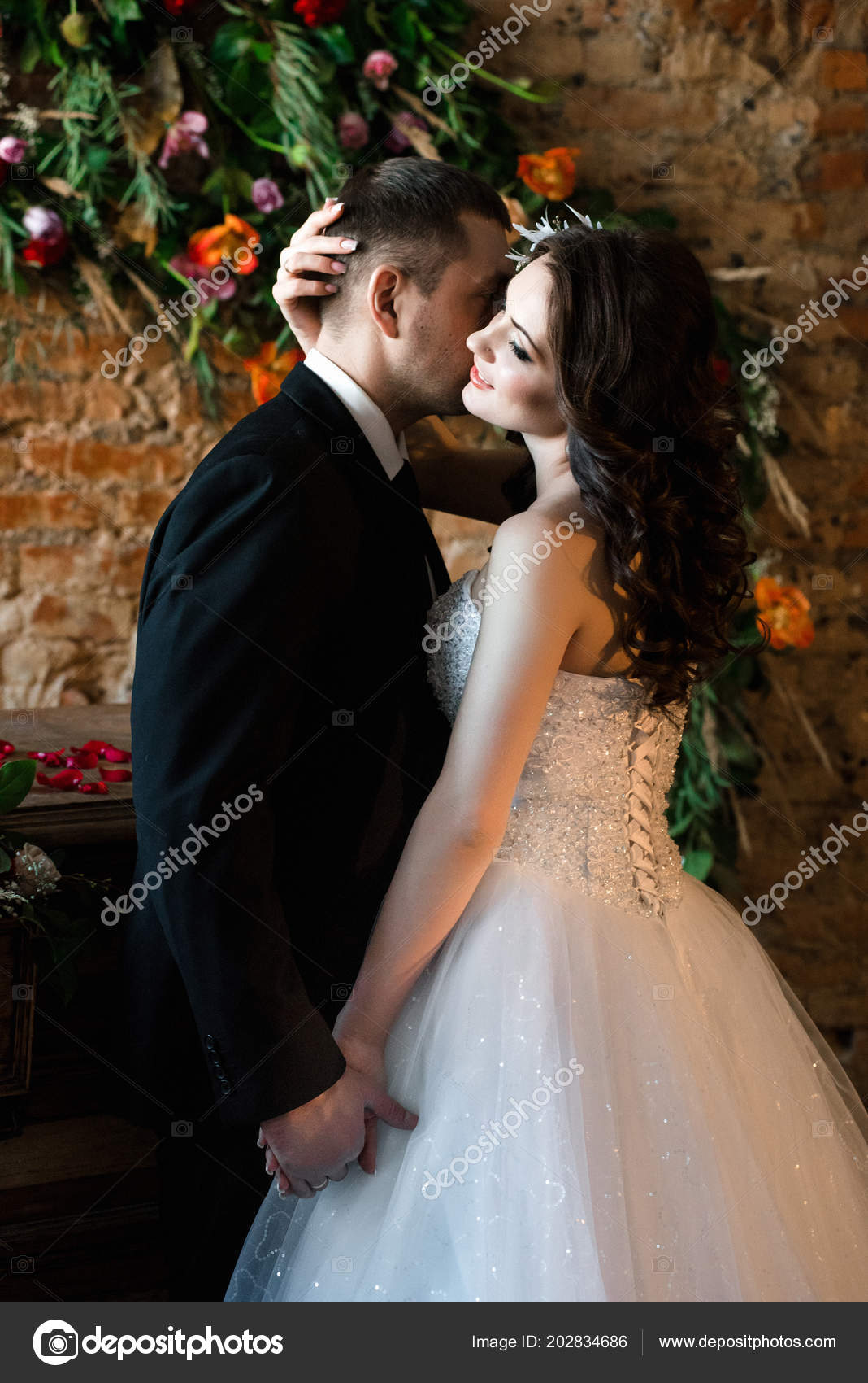 Man Black Suit Kissing His Woman White Wedding Dress Neck Stock