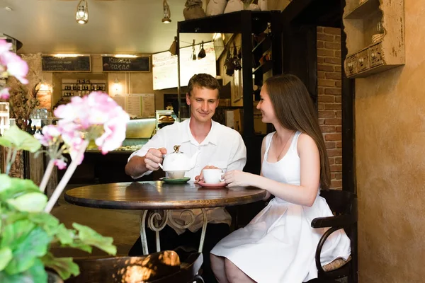 Nice Couple Small Cafe Man Serving Some Tea His Charming — Stock Photo, Image