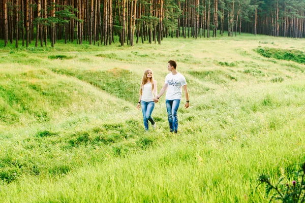 夫妇一起走在草地上 明亮的森林在他们身后 大自然中的爱情故事 — 图库照片