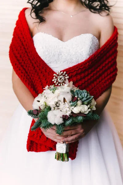 Vista Frontale Una Sposa Con Bel Bouquet Nelle Sue Mani — Foto Stock