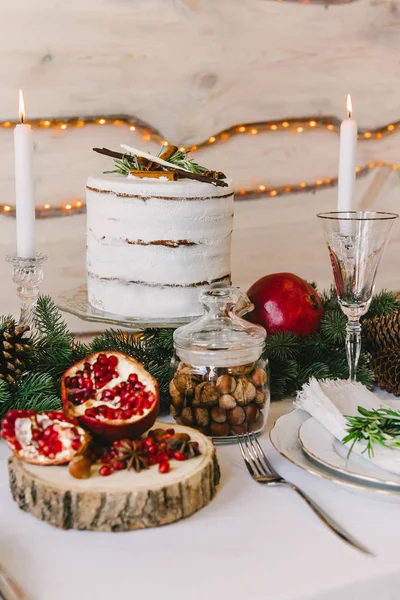 Cozy New Year Atmosphere Made Cones Nuts Tempting Pomegranate White — Stock Photo, Image