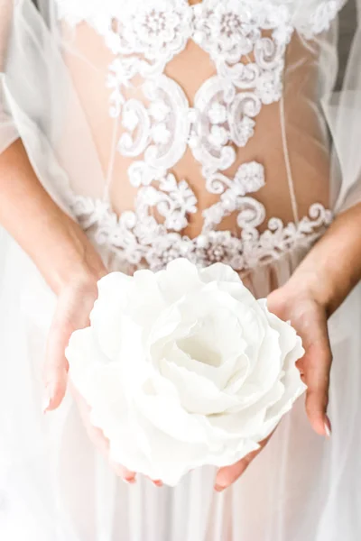 Mãos Femininas Gentis Segurando Uma Enorme Flor Branca Pano Renda — Fotografia de Stock