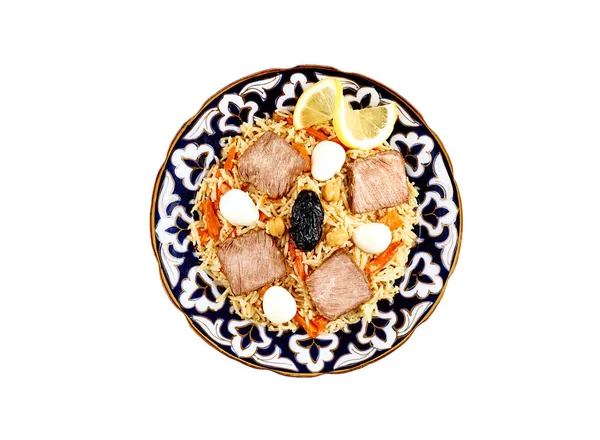 Top view on traditional asian pilau with meat in ceramic bowl isolated on white background. — Stock Image Top View Traditional Asian Pilau Meat Ceramic Bowl Isolated White Stock Image