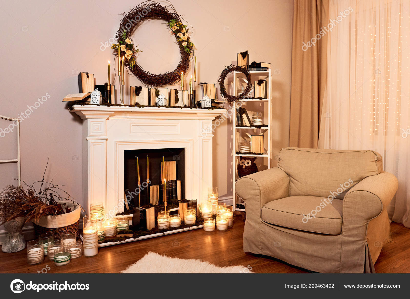 Modern Designed Spacious Living Room Autumn Decorations Fireplace