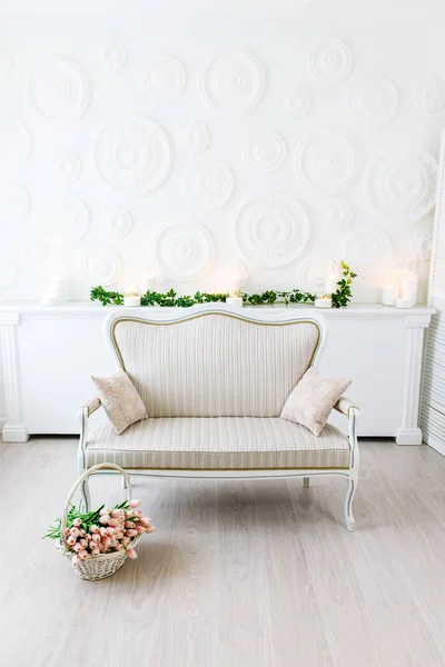 客厅的内部 明亮的色彩的现代客厅 温暖的白色客房 配有一张明亮的沙发和一张明亮的沙发 — 图库照片