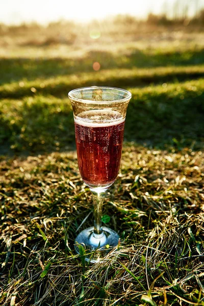 Red wine in glass at a picnic. green grass in the blurred background, on a sunny day