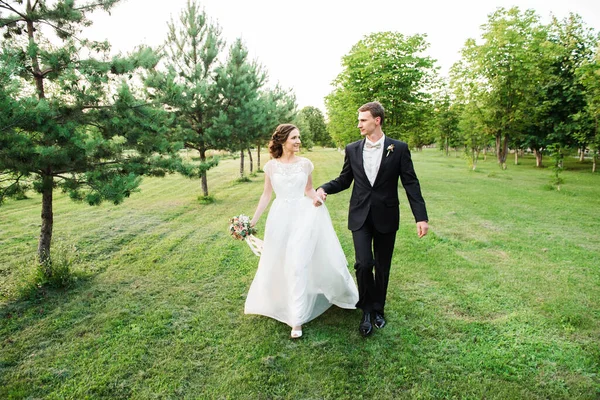 Sposo Tiene Sposa Mano Sposi Sposi Giorno Del Loro Matrimonio — Foto Stock