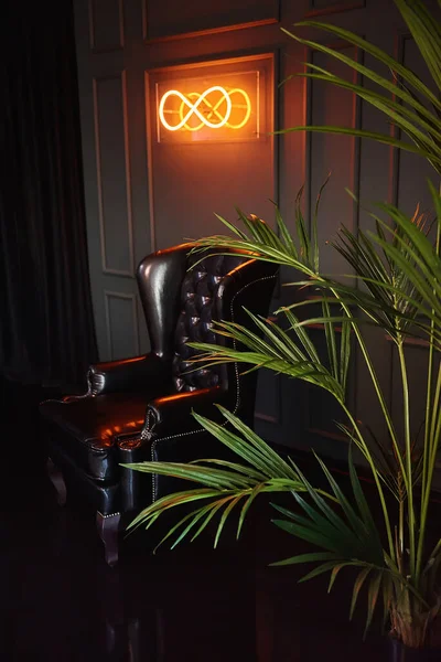 皮革扶手椅和棕榈树 霓虹灯标志 — 图库照片