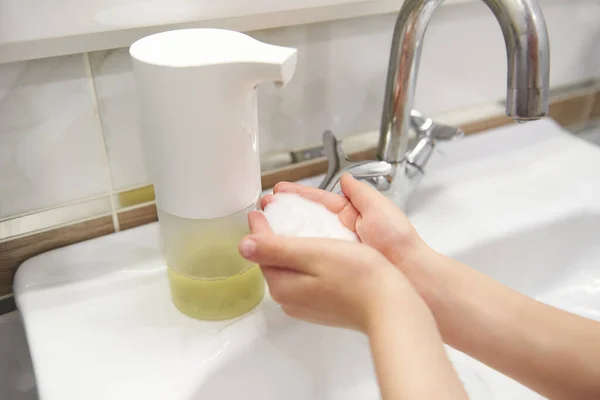 Automatic Dispenser Liquid Soap Bathroom Close Little Boy Washes His — Stock Photo, Image