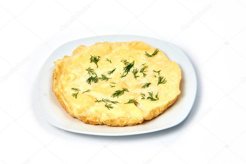 Fried eggs on a plate on white background. Serving dishes in a cafe, restaurant, for a menu.