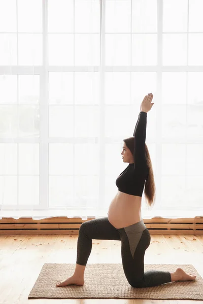 Young Pregnant Woman Practicing Yoga Exercises Home Studio Big Window — Stock Photo, Image