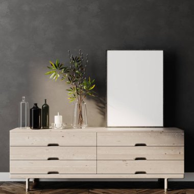 İç kısımda model çerçeve var. Boş çerçeve. Gri duvar.