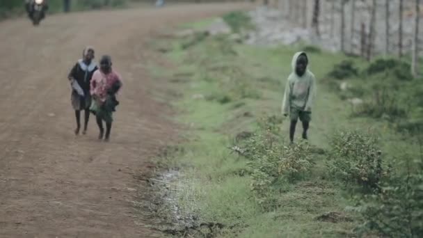 KISUMU, KENYA - 15 MAI 2018 : Trois enfants africains courent le long de la route. Fille et garçons jouant dehors . — Video