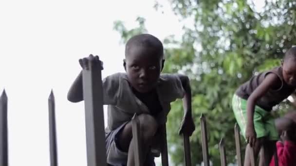 KISUMU, KENIA - 21 DE MAYO DE 2018: Grupo de niños de África trepan la valla. Los niños y las niñas pasan tiempo fuera juntos . — Vídeo de stock