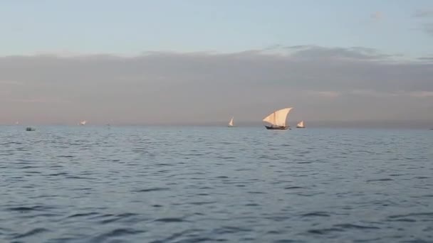 Pohled z motorového člunu. Krásná krajina plachetnice v ráno. Loď s lidmi je ryby v moři v Africe. — Stock video