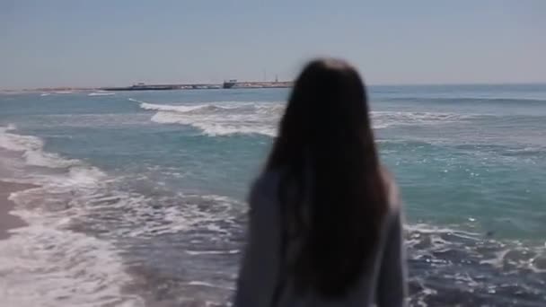 Visão traseira de meia-comprimento de uma menina com cabelo escuro solto longo andando na água na praia. Movimento lento — Vídeo de Stock