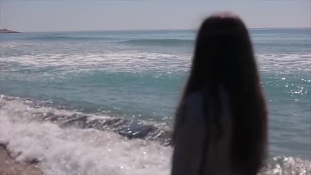 Dos vue demi-corps d'une belle fille regardant la mer — Video