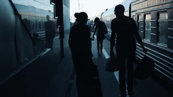 Visão traseira de um homem e uma mulher andando carregando sacos na plataforma do trem. Muita gente em segundo plano. Movimento lento — Vídeo de Stock
