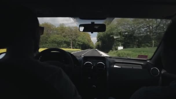 Un homme passe par une voiture le long de la route et conduit dans un tunnel d'arbre. Vue depuis le siège arrière de la voiture — Video