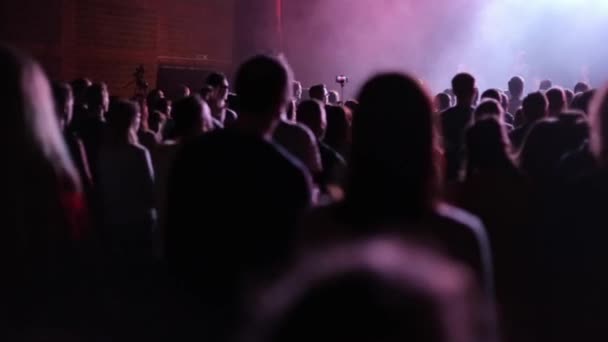A visão traseira dos jovens de pé e ouvindo um grupo de música em um concerto. Luz azul. Luzes de concerto — Vídeo de Stock