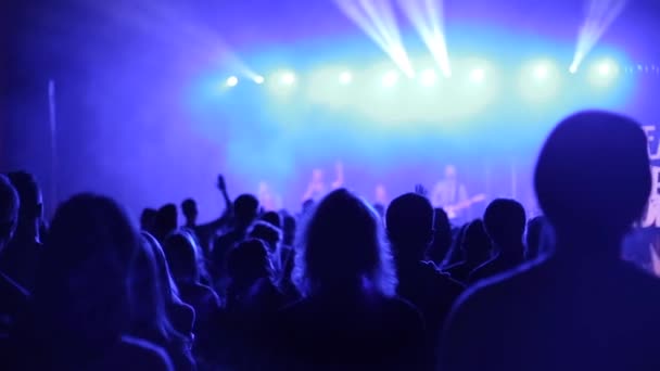 Vista posteriore di un sacco di fan a un concerto. Luce blu. Applausi. Fase offuscata — Video Stock