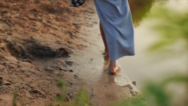 Rückansicht von drei schlanken Mädchen, die abends barfuß am Strand laufen. Zeitlupe. — Stockvideo