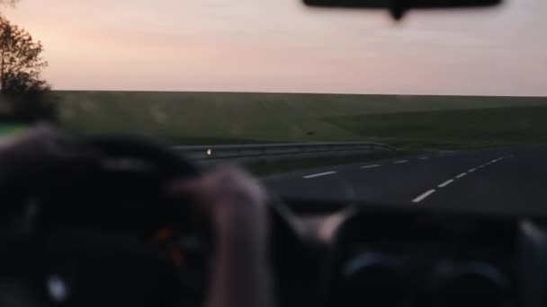 ノロジカの野生を実行すると広大な緑のフィールドで運転。車で行くと日の出 — ストック動画