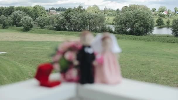 Poupées tricotées d'une mariée et d'un marié debout devant un bouquet avec des alliances dans une boîte rouge à côté d'eux — Video