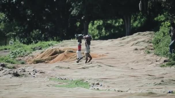 KENYA, KISUMU - 20 MAI 2017 : Deux petits enfants africains marchent, portant des lavabos avec des vêtements sur la tête . — Video