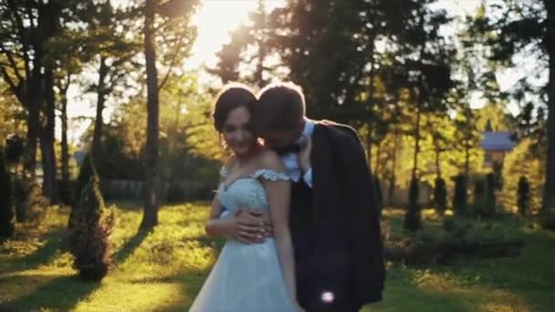 Feliz recém-casados abraçando no parque no outono, enquanto o sol está brilhando brilhantemente — Vídeo de Stock