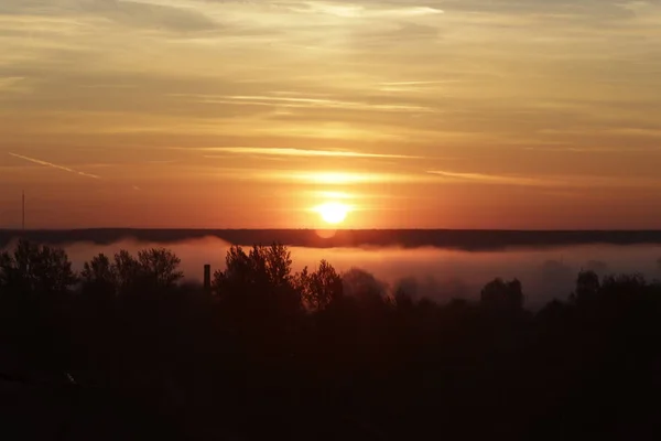 Rode zonsopgang op de achtergrond van de mist. Zon over het woud — Stockfoto