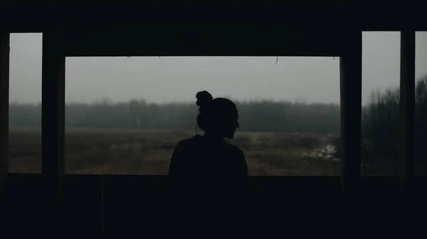 Silhouette de jeune belle fille dans le village. Modèle sur fond de forêt. Femme fille devant la fenêtre . — Photo