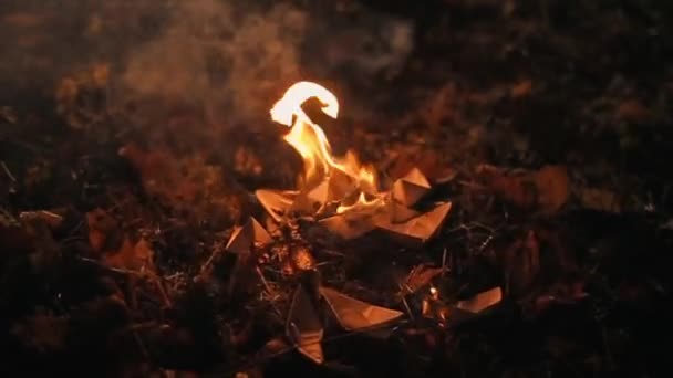 Un navire en papier brûle. Le feu brûle dans le feuillage d'automne . — Video