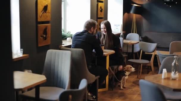 Minsk, Bielorrusia - 11 de enero de 2019: Imagen franca de una pareja joven en una cafetería. Hombre y mujer caucásicos sentados con un perro en un café. Largo tiro de estilo loft cafeterías . — Vídeo de stock