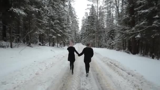 Bakifrån av unga och vackra par promenader i skogen vinter. Milennials man och kvinna att ha kul. Vintersäsongen. — Stockvideo