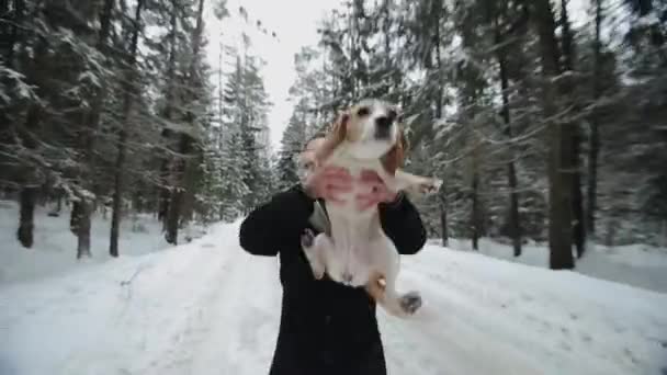 Beagle Hund beim Gassigehen mit seinem Herrchen. Mann wirft sein Haustier zum Spaß hoch. Mann und Hund haben Spaß im Winterwald. — Stockvideo