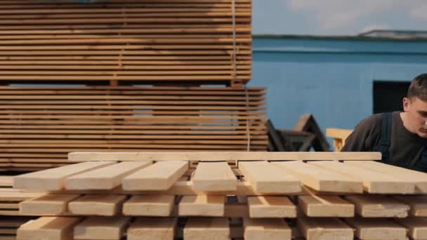 Ο άνθρωπος διπλώνει ξύλινες σανίδες. Στοίβες από τετράγωνα ξύλα σανίδες για υλικά επίπλων. — Αρχείο Βίντεο
