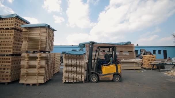 Forklift operator handling wooden pallets in warehouse. Man using loader dor Pack of wooden planks. — Stock Video