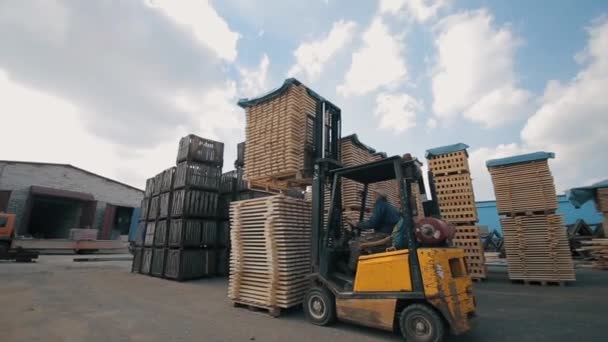 Operador de carretilla elevadora que maneja paletas de madera en almacén. Hombre usando cargador dor Paquete de tablones de madera . — Vídeos de Stock