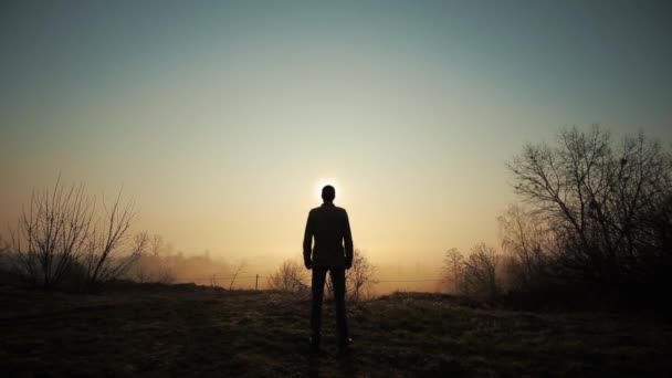 Feliz hombre exitoso celebrando durante el amanecer o la puesta del sol. Feliz y Libre. El tipo levanta las manos y se regocija contra el sol. Concepto de éxito — Vídeos de Stock