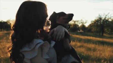 Şık yaz elbisesi ve köpek dachshund ile siyah dalgalı saç trendy güzel kız gün batımında güneş ışığında çiçekler ile alanda dachshund. Kadın gülümsüyor, gülüyor ve köpekle birlikte dönüyor.