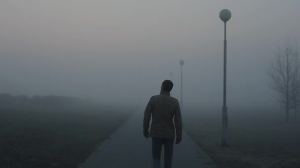 Одинокий человек уходит по туманной дороге утром. Парень идет в тумане под фонарями — стоковое видео