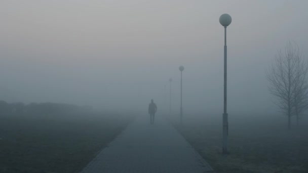 Uomo solitario che se ne va sulla strada nebbiosa al mattino. il ragazzo è va nella nebbia sotto le lanterne — Video Stock