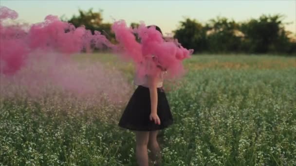 Jonge aantrekkelijke brunette meisje in rok met een roze rook bom op het veld. Meisje met plezier lachen genieten en wervelende met rook tegen zonsondergang. — Stockvideo