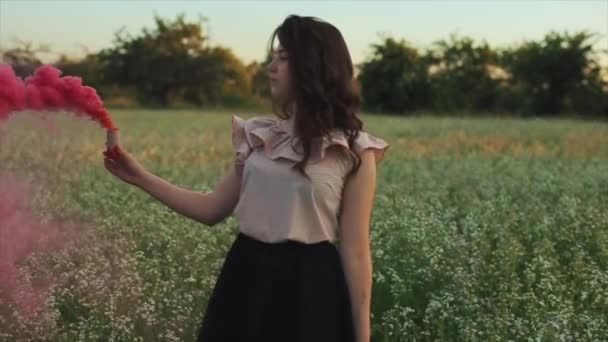 Menina morena atraente nova na saia com uma bomba de fumaça rosa no campo. Menina se divertindo rindo desfrutando e girando com fumaça contra o pôr do sol. Fechar retrato — Vídeo de Stock