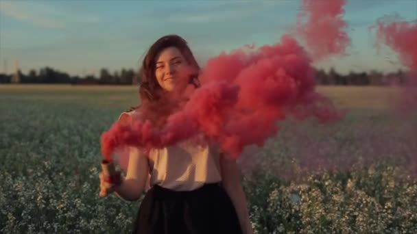 Joven chica morena atractiva en falda con una bomba de humo rosa en el campo. Chica divirtiéndose riendo disfrutando y girando con humo contra el atardecer. Primer plano retrato — Vídeo de stock