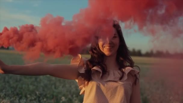 Joven chica morena atractiva en falda con una bomba de humo rosa en el campo. Chica divirtiéndose riendo disfrutando y girando con humo contra el atardecer. Primer plano retrato — Vídeos de Stock