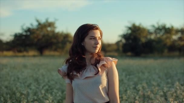 Menina morena bonita em saia preta andando no campo. posando na frente da câmera e tocando no cabelo. Modelo muito ao ar livre . — Vídeo de Stock