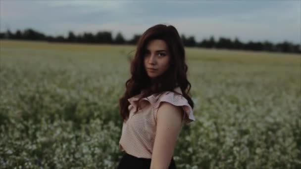 Schönes junges brünettes Mädchen in schwarzem Rock, das auf dem Feld geht. Blick von hinten. dreht sich über seine Schulter und blickt in die Kamera. Zeitlupe — Stockvideo