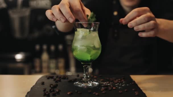 Mužská barmana zdobí Mojito koktejl s vápnem, citronem, mátou. Zblízka — Stock video